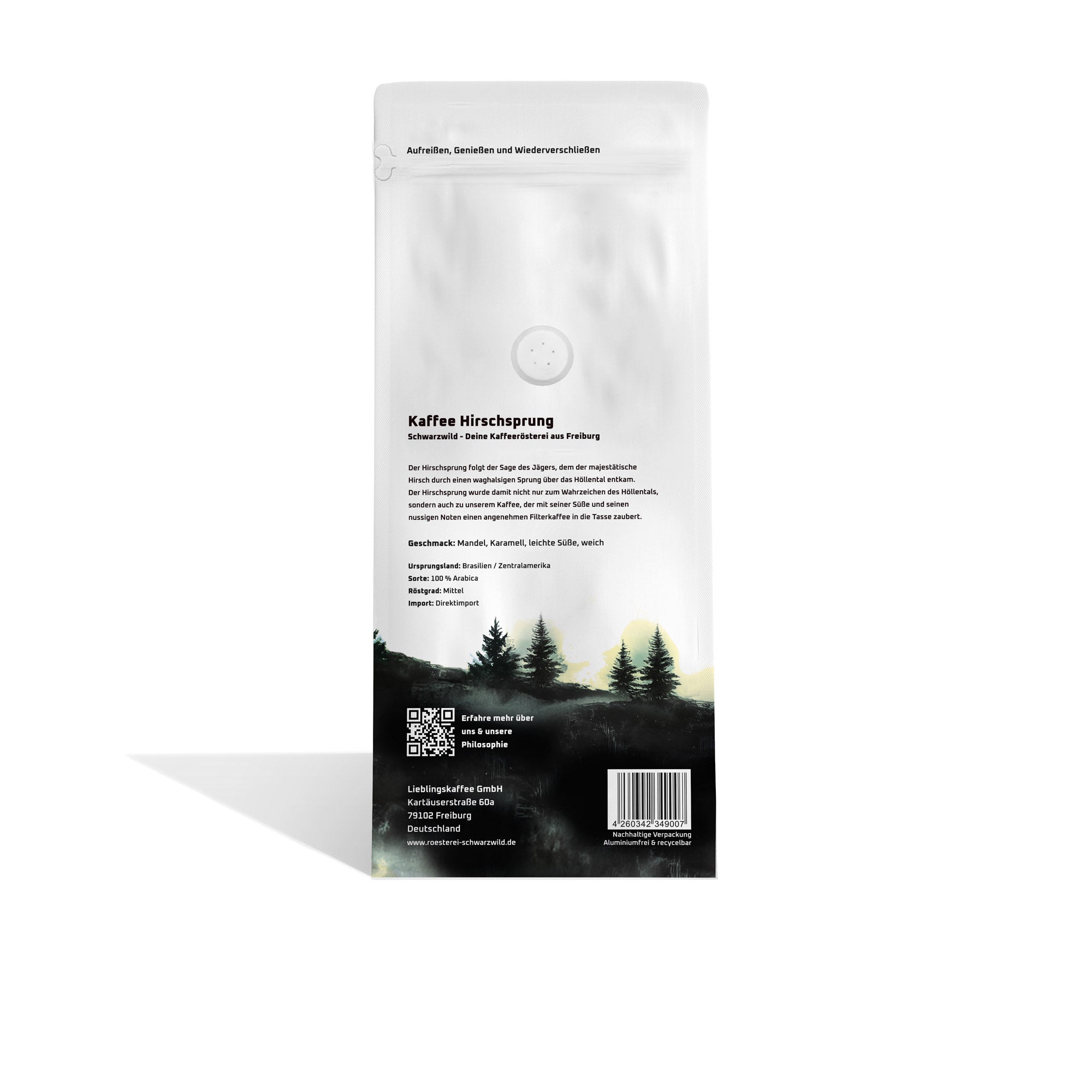 Kaffee Hirschsprung Schwarzwild Kaffeeroesterei Freiburg 1000g Rueckseite