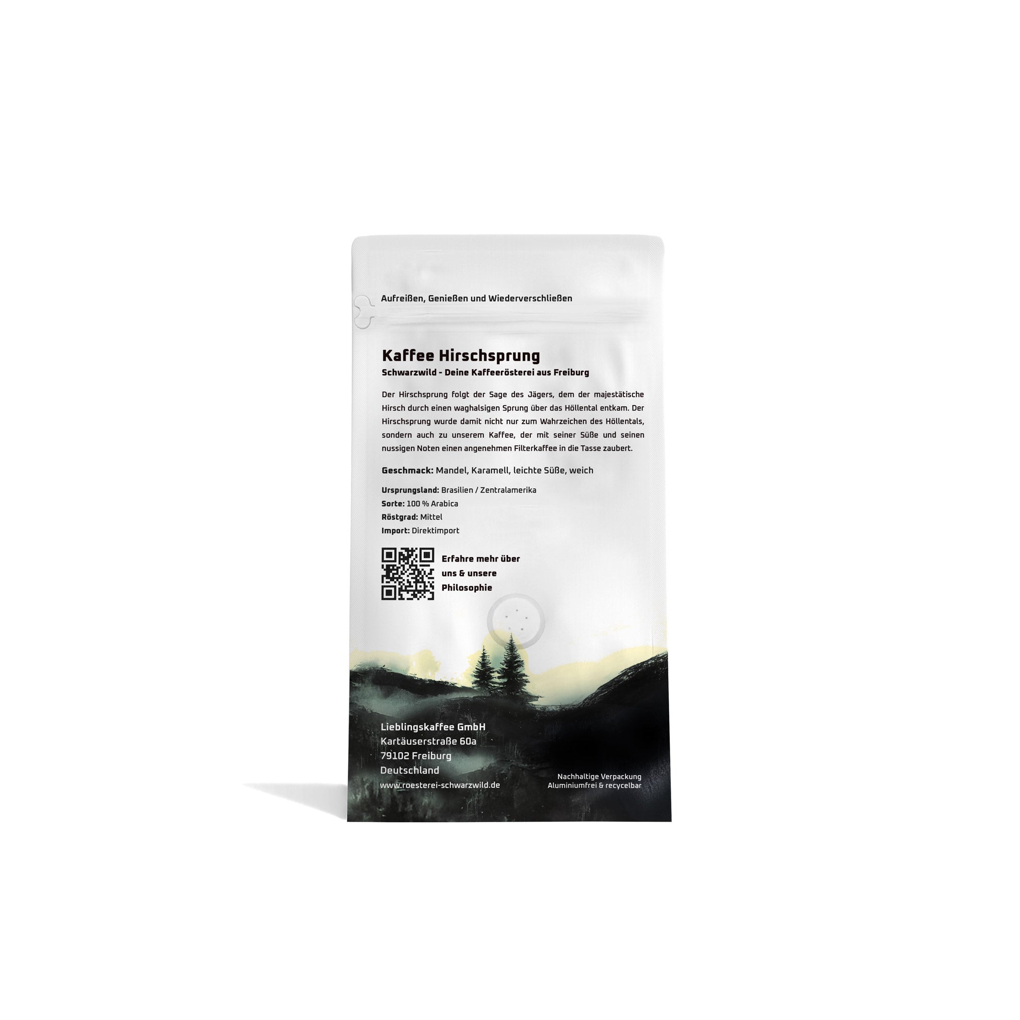 Kaffee Hirschsprung Schwarzwild Kaffeeroesterei Freiburg 350g Rueckseite